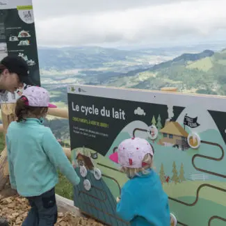Des visiteurs regardent le panneau didactique sur le chemin du lait au sommet des remontées mécaniques de Charmey