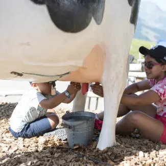 deux enfants qui traient une fausse vache au sommet des remontées mécaniques de Charmey